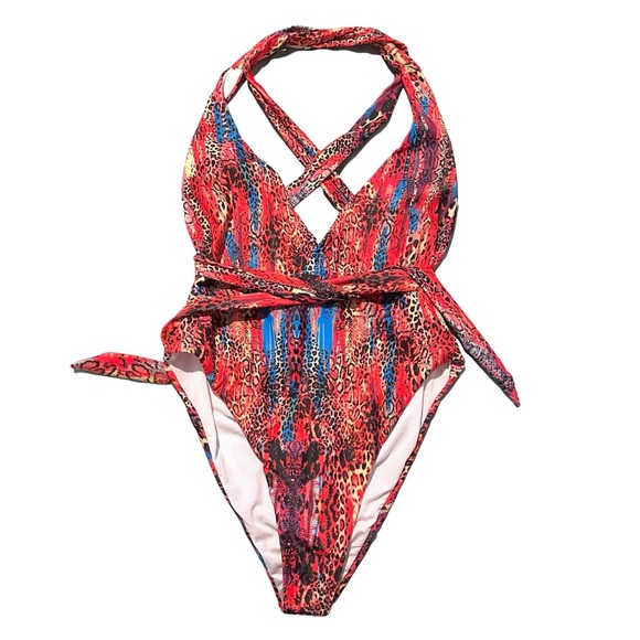 Colorful Cheetah Monokini/One Piece Deep V Multi Way Plus Size Sexy Swimsuit - Picture 2 of 4
